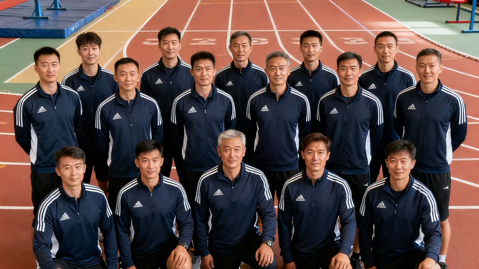 熊猫体育总部教学团队在训练场合影，20余位专业教练身着统一运动服，背景是标准化田径跑道和训练器材区。