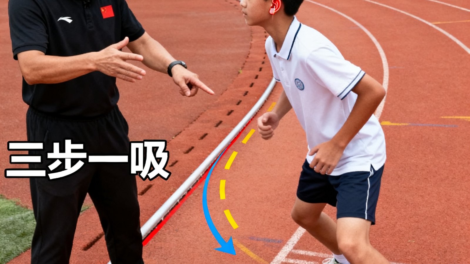 一位资深教练正在对一名初三男生进行一对一1000米跑辅导，重点讲解三步一吸两步一呼的呼吸节奏和弯道加速技巧。