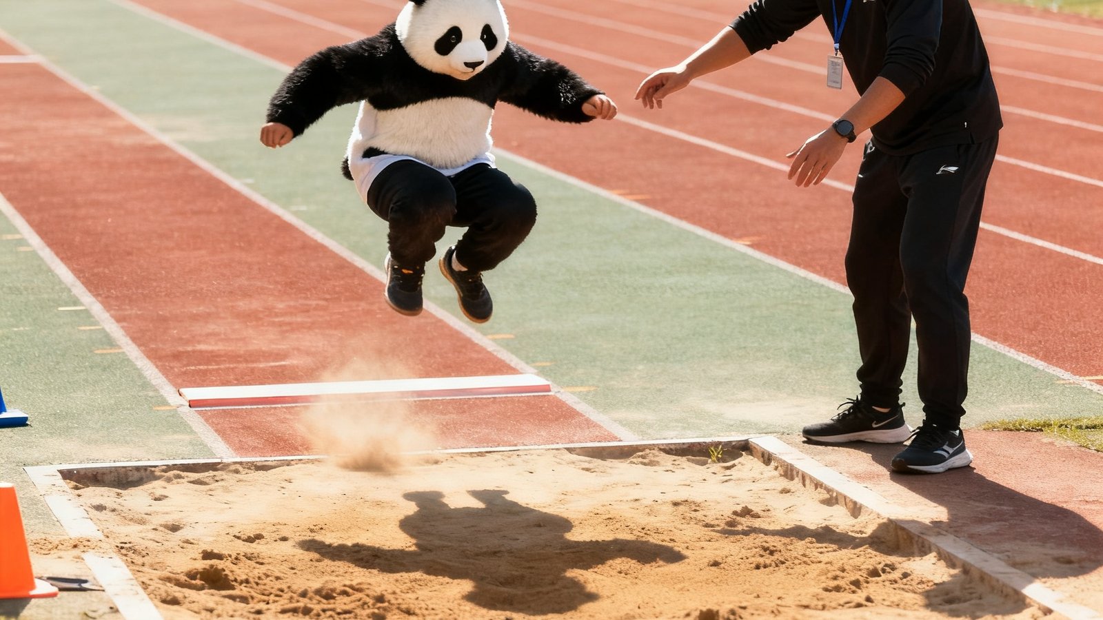 熊猫体育学员在标准田径场上进行立定跳远训练，教练在一旁指导起跳姿势和落地缓冲动作，阳光明媚的训练日场景。