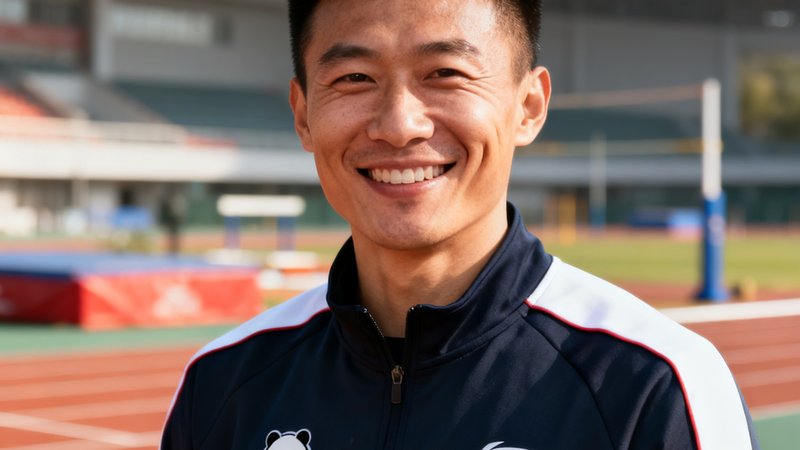 熊猫体育创始人兼总教练周明远，前省级田径队运动员，拥有12年中考体育培训经验，面带微笑在训练场边。